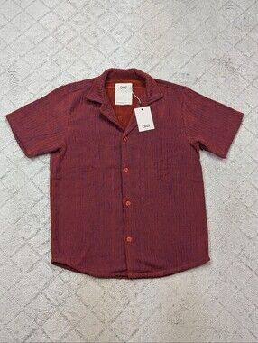 OAS Shirt Mens M Rusty Red Deep Cut Cuba Terry Cotton Button Up Resort NEW